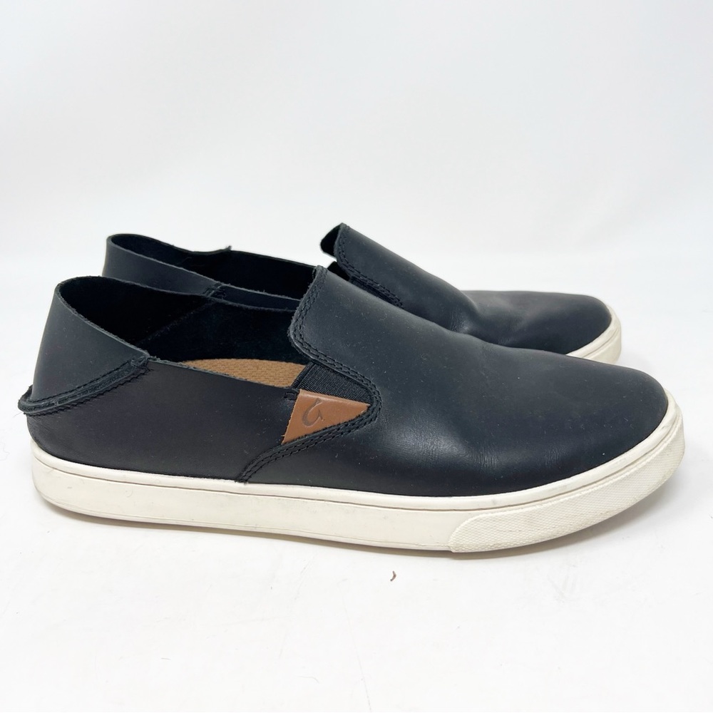 OLUKAI BLACK PUHLUEA LEATHER SLIP ON DROP HEEL HOUSE SLIPPER SHOES SZ 8